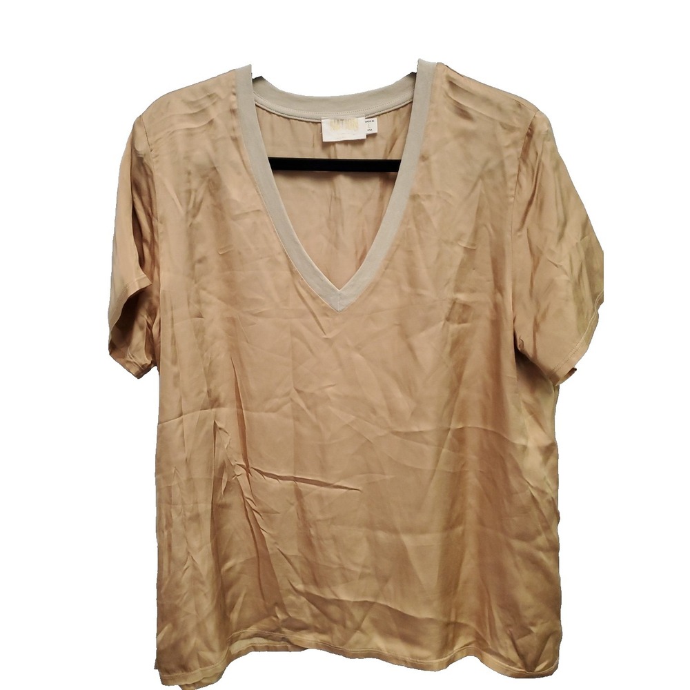 Nation LTD June V Neck‎ Short Sleeve Hammered Satin Tee Gold Size Large